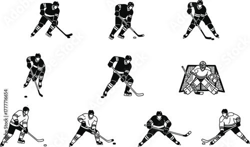 Collection of hockey player silhouettes in various action poses isolated on transparent background