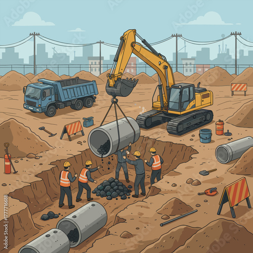 Teamwork of construction workers installing concrete drainage pipes with excavator and dump truck at an urban infrastructure project site
