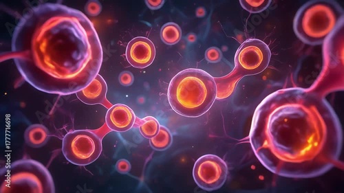 細胞の内部構造が鮮やかな色彩で浮かび上がる顕微鏡的イメージ