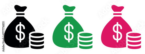 Single Black Money Bag with Stack of Coins Icon. Simple finance flat design vector pictogram. Essential infographic interface element for app logo, web button, UI/UX, isolated on white background.