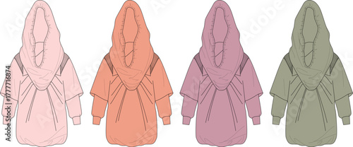 Vector fashion flat sketch set of a children's hooded winter puffer jacket. Apparel design template showing back view in four different colorways