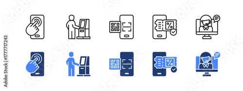 Touchscreen, Kiosk, QR code, E-ticket, Virtual assistant with two styles, line and duotone icon.