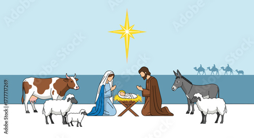 Nativity Scene Illustration with Baby Jesus Mary and Joseph Under Star of Bethlehem