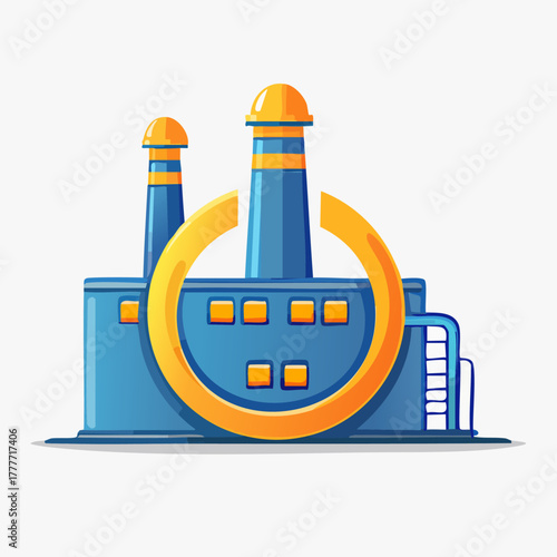Industrial factory building with a large yellow power symbol.