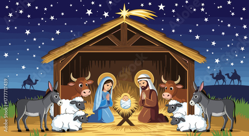 Christmas Nativity Scene Vector Illustration. The Birth of Jesus