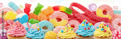 A colorful assortment of candies and cupcakes with colorful frosting.
