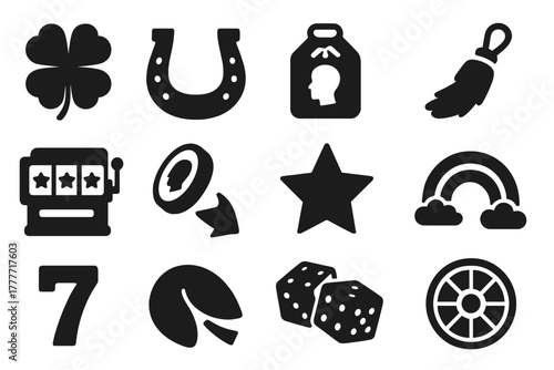 Luck Symbols Collection. Solid style icons of Luck and chance: four-leaf clover, horseshoe, lucky charm, rabbit foot, jackpot,