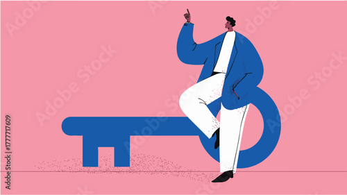 Business person holding large key – modern flat vector illustration symbolizing success, opportunity, and access