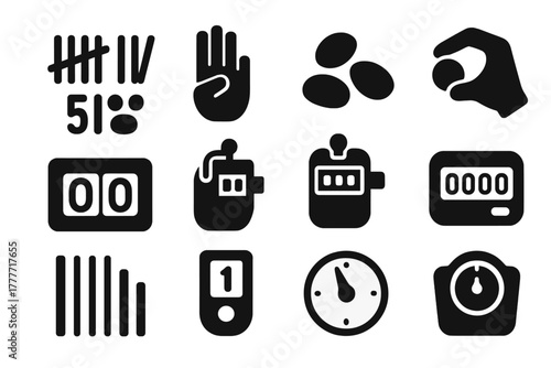 Counting Icons Collection. Solid style icons of Counting tools: tally marks, finger counting, pebble counting, coin counting,