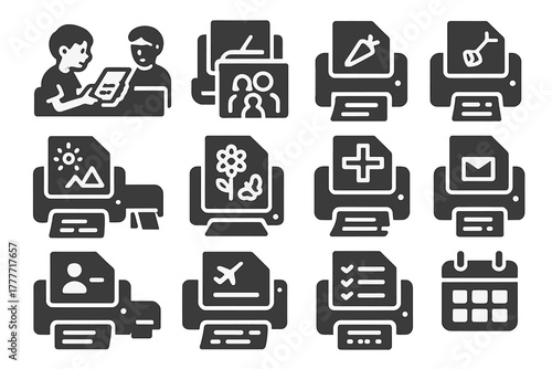 Home Printing Icons. Solid style icons of home printing: student printing homework, family photo print, recipe sheet, school