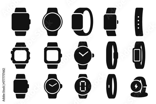 Smartwatch Icons Collection. Solid style icons of smartwatch devices: square smartwatch, round smartwatch, curved screen watch,