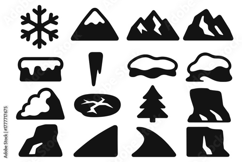 Winter Icon Set. Solid style icons of Snow and mountain: snowflake, snow-covered peak, mountain ridge, glacier, icicle, snowdrift,