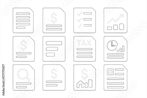 Financial Icon Set. Solid style icons of Financial records: ledger paper, balance sheet, expense report, profit report, tax