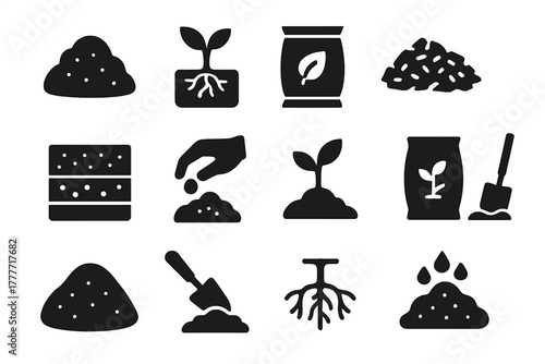 Soil and Growth Icons. Solid style icons of Soil and growth: soil pile, plant roots, compost bag, mulch, soil layers, hand