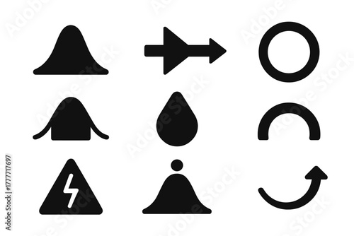 Hormetic Dose Icons. Solid style icons of hormetic zone dosage: bell curve icon, stress dose arrow, optimal range ring. Too little