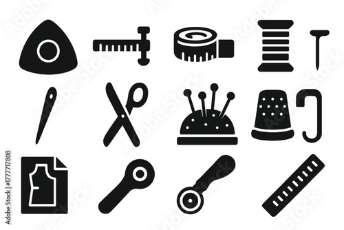 Tailor Tool Icons. Solid style icons of Tailor tools: tailor’s chalk, seam gauge, measuring tape, thread spool, needle, scissors,