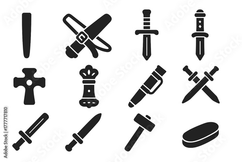 Sword Accessories Icons. Solid style icons of sword accessories: sword sheath, sword belt, sword hilt, jeweled handle, blade guard
