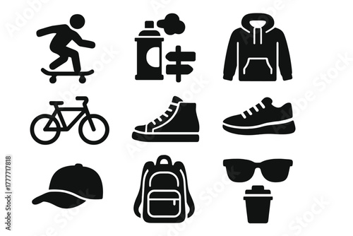 Urban Lifestyle Icons. Solid style icons of Urban lifestyle: skateboarder silhouette, graffiti, street sign, bike, sneakers,
