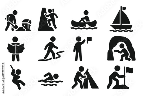 Adventure Action Icons. Solid style icons of Adventure actions: digging treasure, climbing rocks, rowing boat, sailing ship,