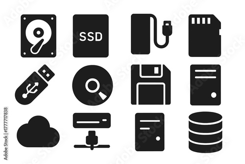 Digital Storage Icons. Solid style icons of Digital storage: hard drive, SSD, external drive, memory card, USB stick, optical disk