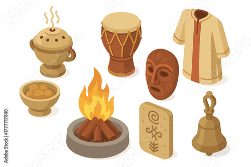 Cultural Ritual Artifacts. Isometric vector illustration set of Cultural rituals: incense burner, traditional drum, ceremonial