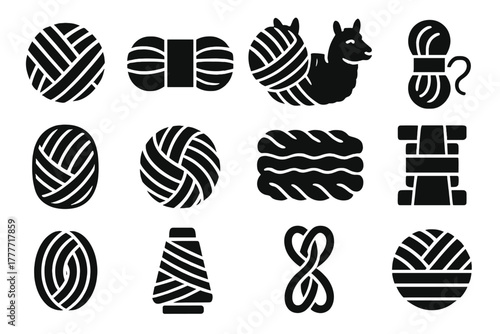 Yarn Icons Collection. Solid style icons of Yarn types: wool ball, cotton skein, acrylic yarn, alpaca yarn, silk thread,
