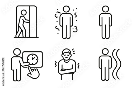 Cryotherapy Experience Icons. Line style icons of whole-body cryotherapy experience: entering chamber, frost mist around body,