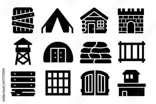 Solid Style Safe Shelters. Solid style icons of Safe shelters: barricaded door, tent, cabin, fortified wall, watchtower,