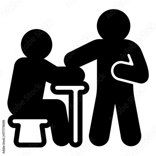 Investigator with suspect solid icon, police force concept. Vector graphics. Man standing at desk, chair with human sign on white background, style icon mobile or web design.