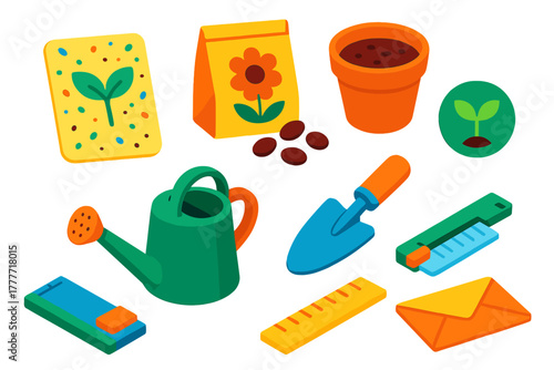 Ethical Shopping Icons. Isometric vector illustration set Ethical shopping – plantable seed paper card, wildflower seeds, soil pot