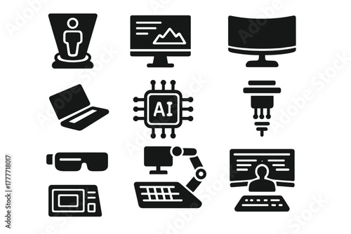 Futuristic Tech Icons. Solid style icons of futuristic computers: hologram screen, transparent display, curved ultrawide monitor,