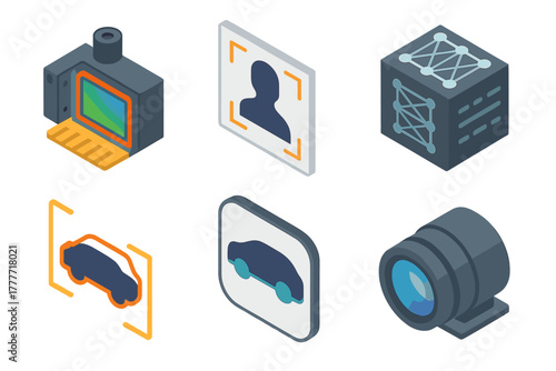Robotics and AI Elements. Isometric vector illustration set Robotics and AI – Computer vision: camera sensor, image frame, neural