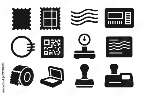 Postage Icons Collection. Solid style icons of postage: single postage stamp, stamp sheet, cancellation mark, barcode postage