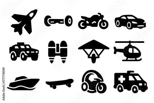 Hero Transportation Icons. Solid style icons of Hero transportation: flying jet, hoverboard, motorcycle, sports car, armored