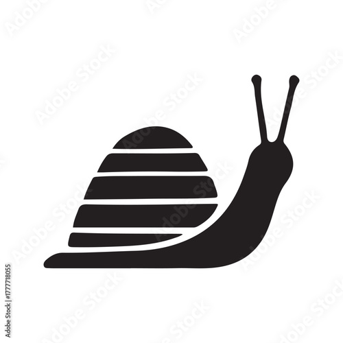 Snail black silhouette icon with striped shell and antennae
