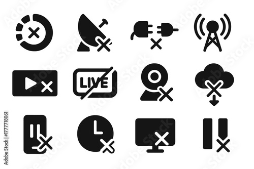 Streaming Icons. Solid style icons of streaming stop: buffering failed, signal lost, connection ended, broadcast off, video feed