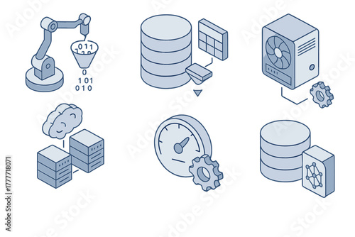 Robotics AI Workflow. Isometric vector illustration set Robotics and AI – Machine learning pipeline: data ingestion icon, feature