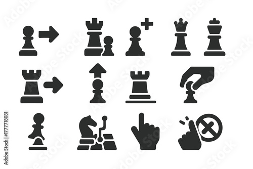 Solid Action Icons. Solid style icons of Action and movement: move piece, capture, check, checkmate, castle, promotion, slide,