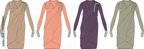 Fashionable collection of minimalist long-sleeve women's dresses in versatile earthy and muted tones, offering comfortable fabrics and modern design for everyday style