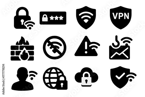 Secure WiFi Icons. Solid style icons of security WiFi: lock WiFi, password protected, shield WiFi, VPN secured, firewall signal,