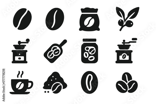Solid Coffee Icons. Solid style icons of Coffee beans: roasted bean, green bean, bean sack, coffee branch, bean grinder, bean