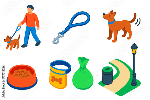 Isometric Park Activities. Isometric vector illustration set Park activities – dog walker, leash loop, wagging tail; dog bowl,