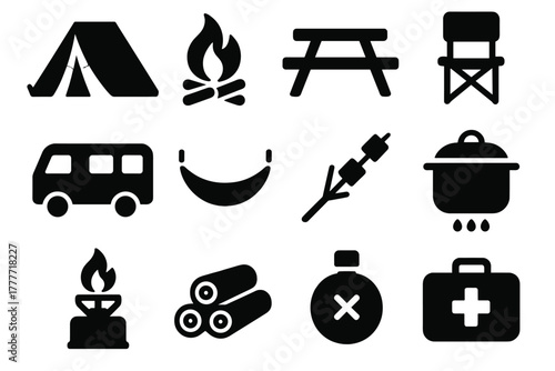 Outdoor Camping Icons. Solid style icons of outdoor camping: tent, campfire, picnic table, folding chair, camper van, hammock,