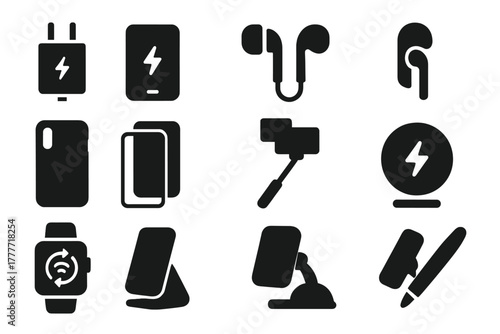 Smartphone Accessory Icons. Solid style icons of smartphone accessories: phone charger, power bank, earphones, Bluetooth headset,