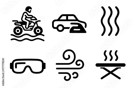 Extreme Ironing Adventure. Line style icons of Extreme Ironing: desert dune buggy ironing, iron-on-vehicle, sand tracks icon,