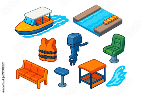 Isometric Water Taxi Set. Isometric vector illustration set Public transportation – water taxi, waterway channel, boarding