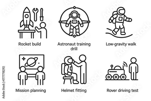 Space Camp Icons. Line style icons of space camp activities: rocket build station, astronaut training drill, low-gravity walk icon