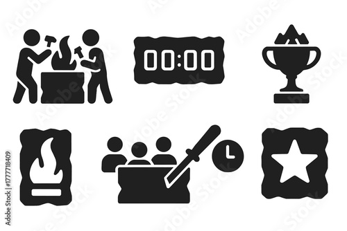 Ice Sculpture Icons. Solid style icons of ice carving competitions: dual sculptor icon, contest timer slab, judging score badge.