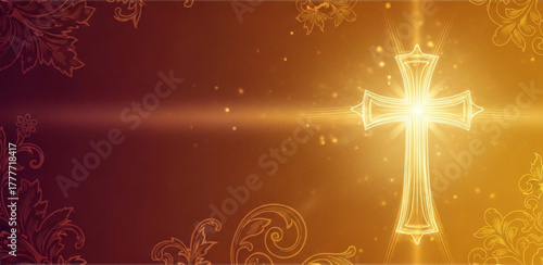 A golden cross with a radiant light shining through it, set against a warm, ornate background with floral patterns.