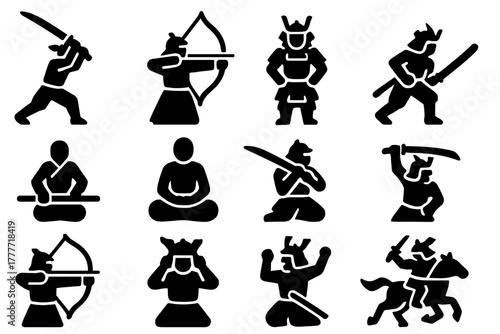 Samurai Action Icons. Solid style icons of Samurai actions: sword strike, bow draw, armor stance, guard position, kneeling,
